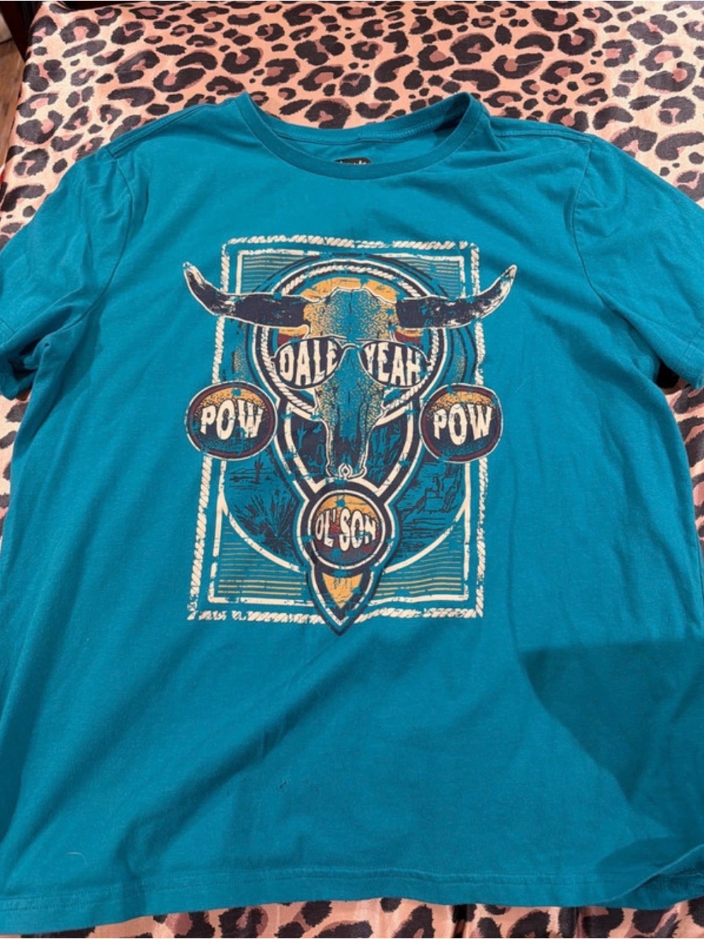 Short Sleeve Graphic Tee in Teal with Western Skull Design